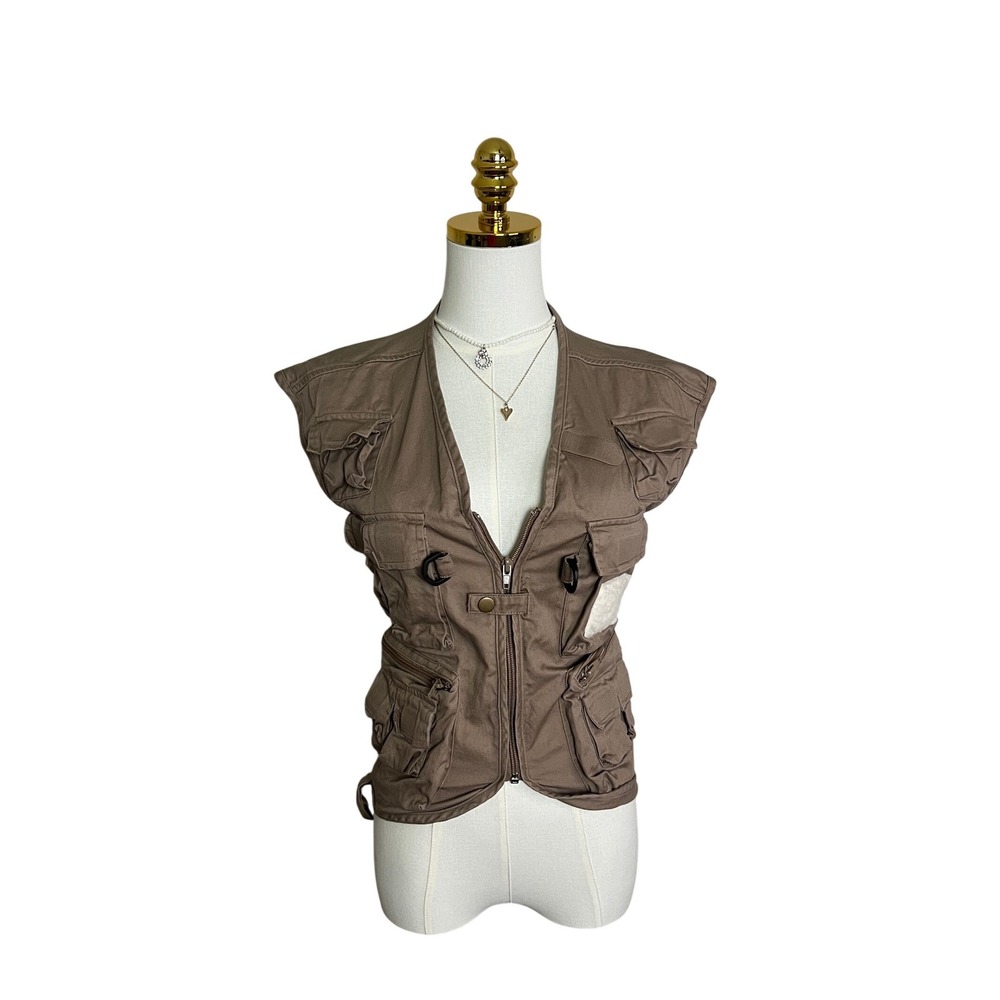 Ausable Utility Tactical Vest Tan Brown Lace Up Back Multi Pocket Cargo Gorpcore